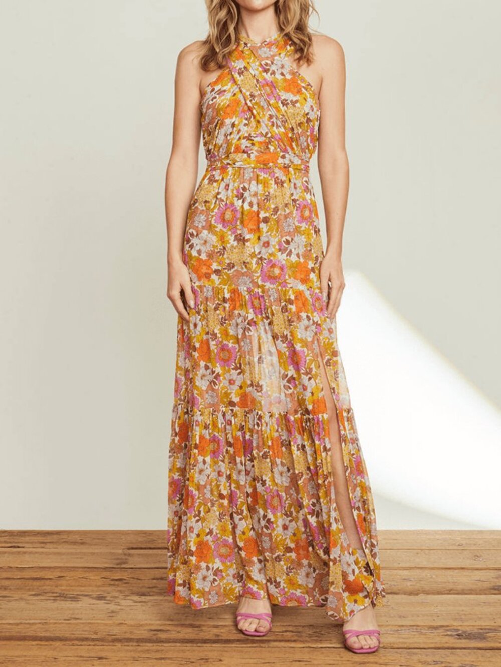Veronica Beard Florencia Stone Multi Floral Silk Halter Maxi Dress 2 Garden